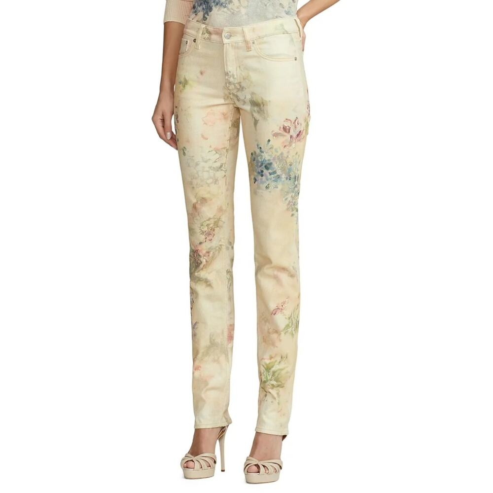 New Ralph Lauren Purple Label 160 Slim Floral Denim Pant Womens 25 Yellow
